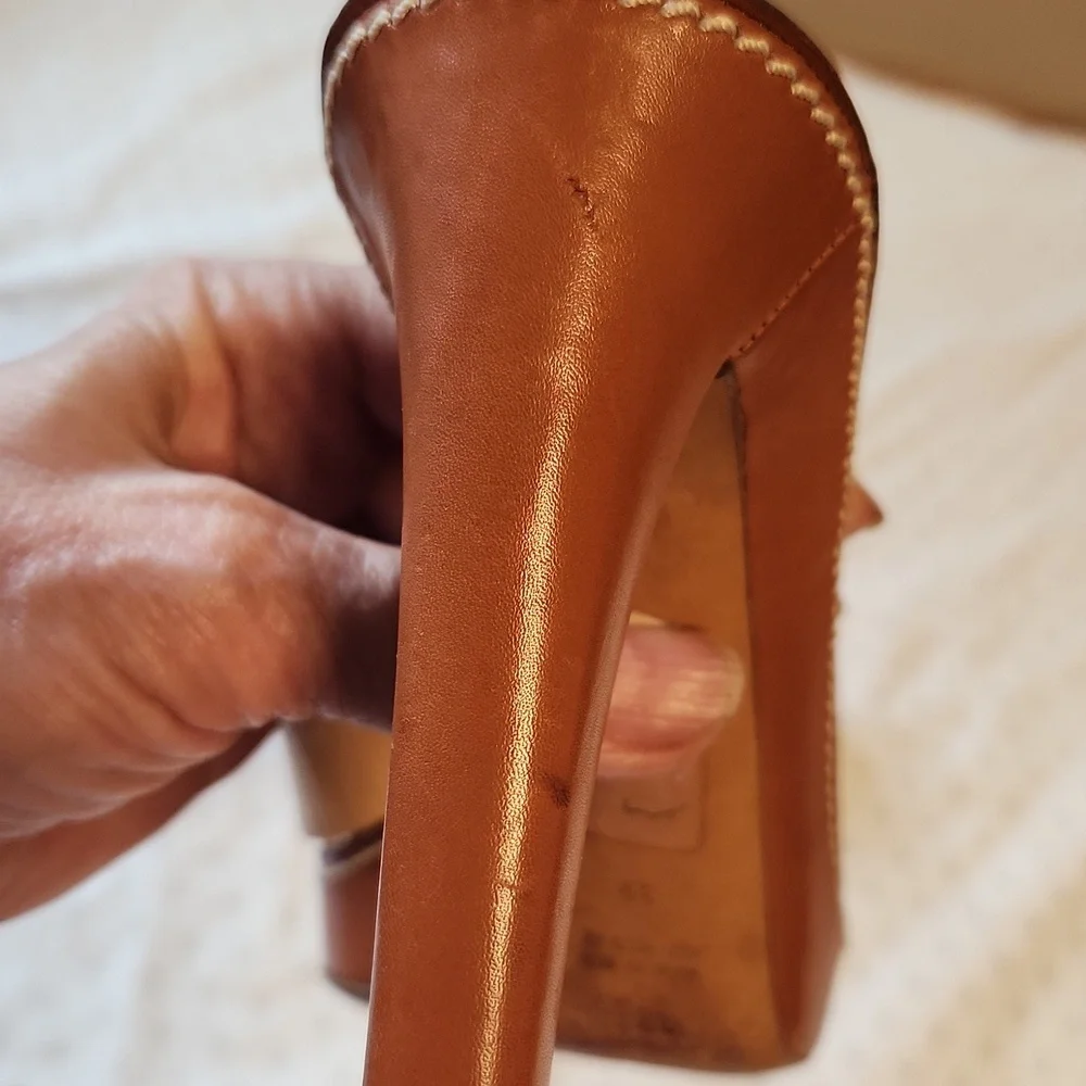 Yves Saint Laurent Tan Leather Cross-strap Heels Platform Slides Size 39/8.5